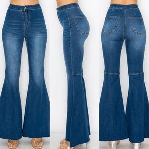 Blue Flare Wide Leg Jeans with High Waist Design